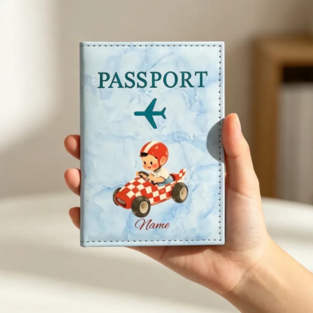 Personalized Custom Cartoon Race Car Driver Passport Holder, Red White Checkered Car Helmet Print Travel Case
