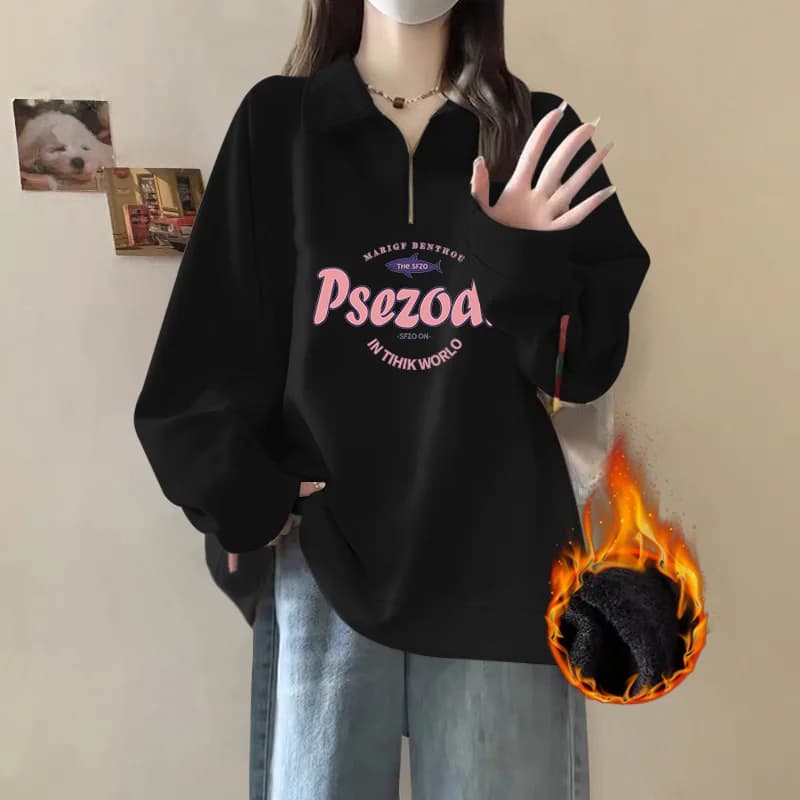 Felpa con cappuccio nera da donna taglie forti effetto snellente, con mezza zip e colletto, foderata in pile, per autunno inverno, capospalla alla moda
