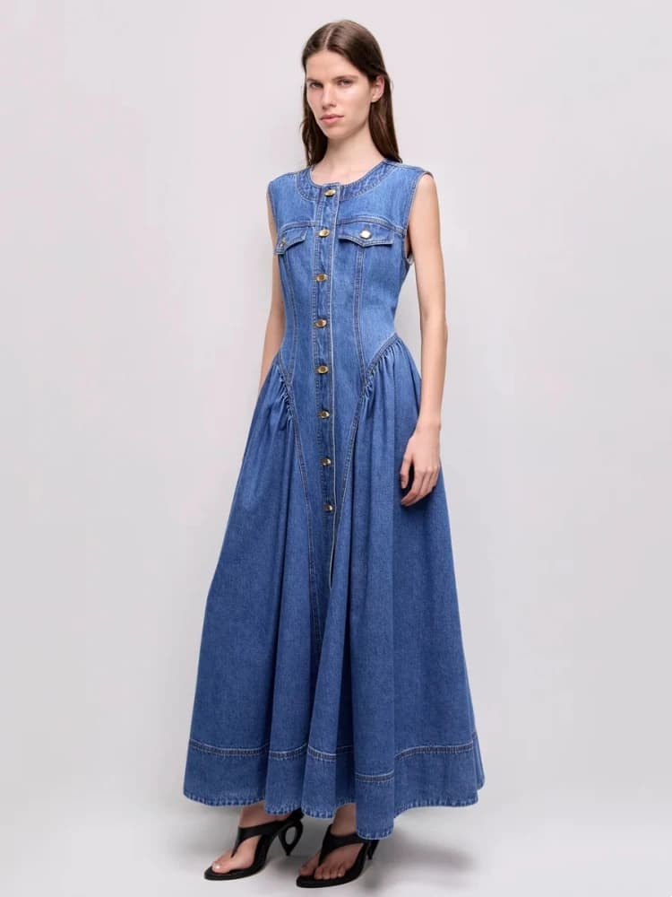 Sexy O Neck Single Buttons Denim Loose Long Dress Women Sleeveless Patchwork Folds A-line Dresses Evening Party Gowns
