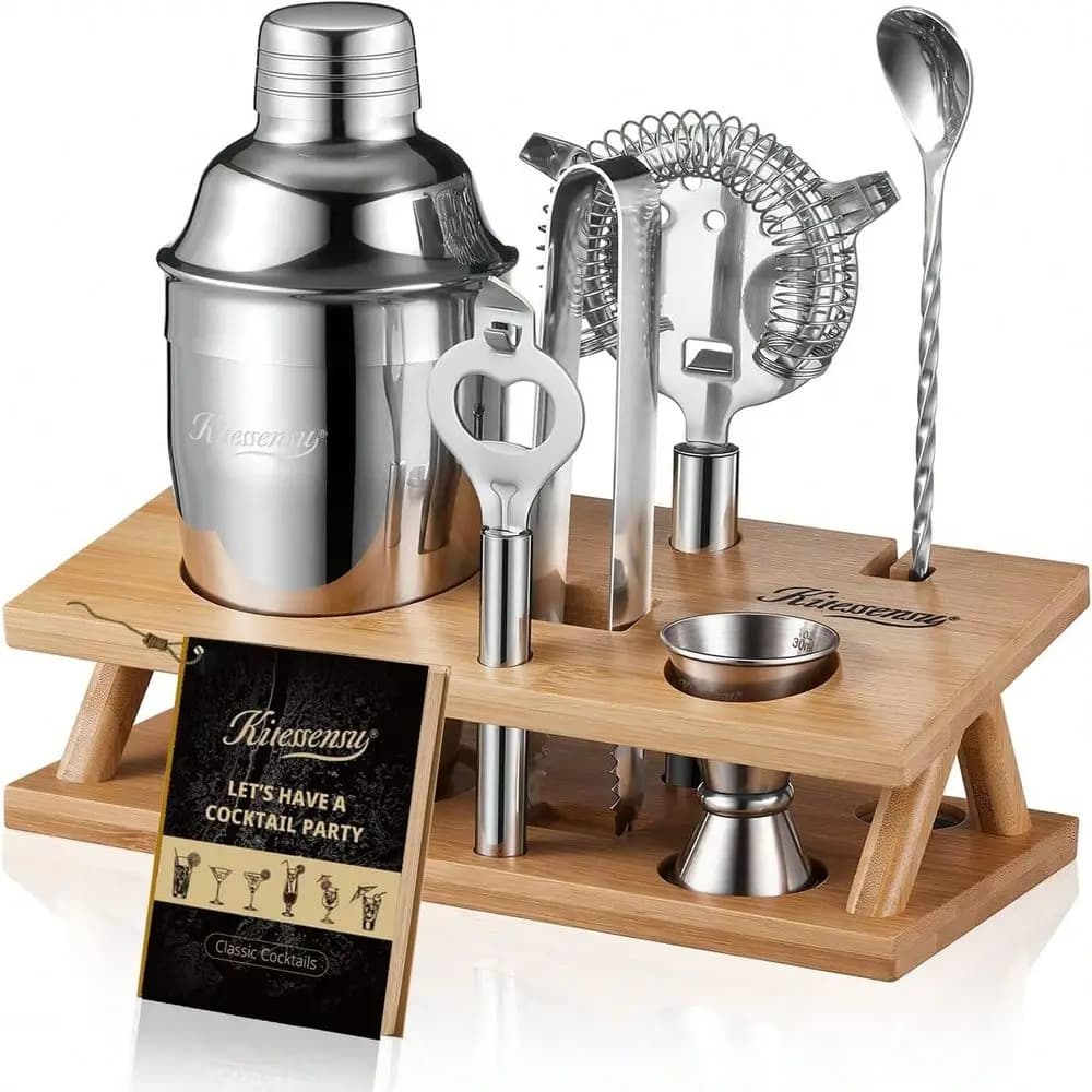 X Heather Rae Cocktail Shaker Set Bartender Kit, 6-Piece Silver Bar Set With Stand, Bar Kit With Essential
