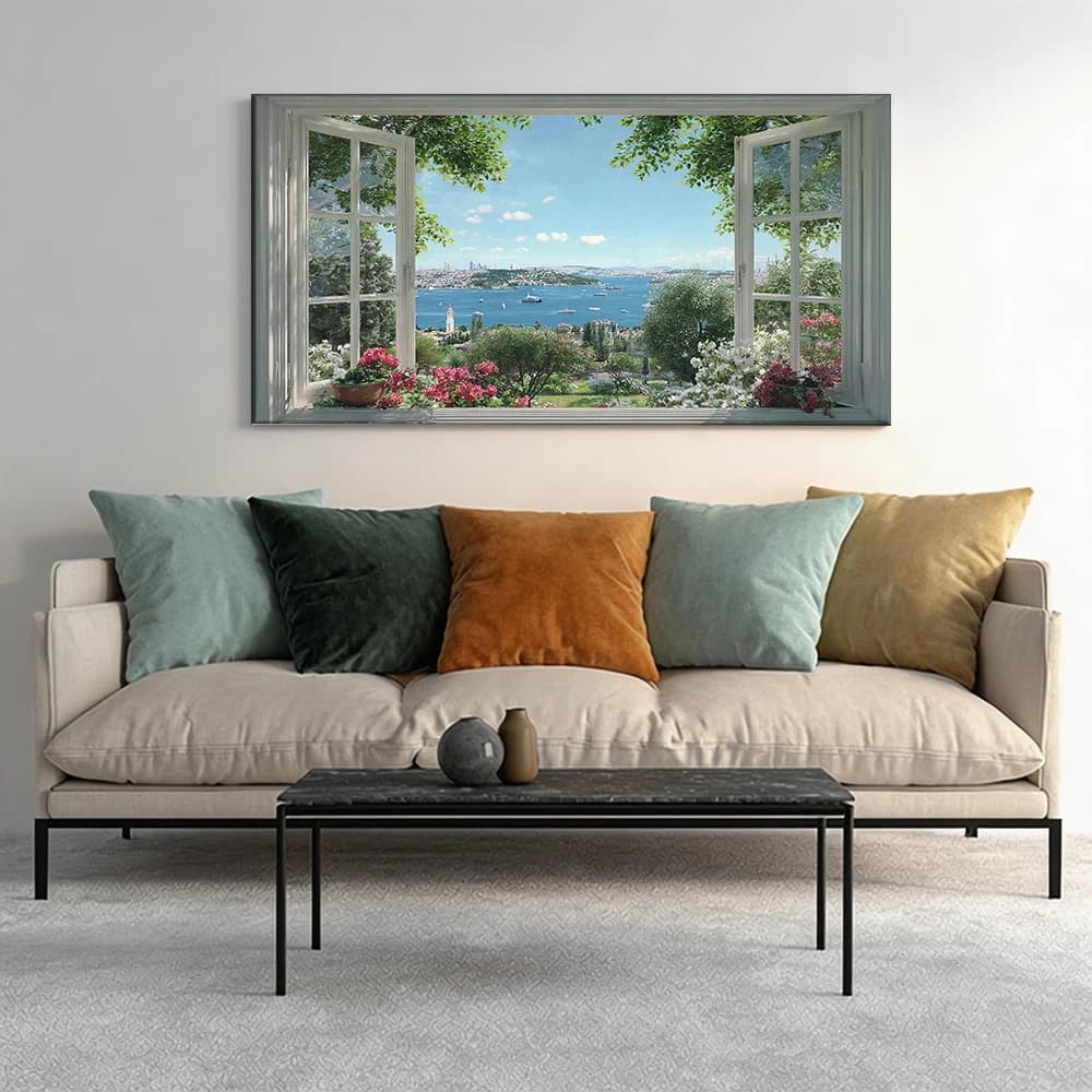 Painted on canvas with large wooden frame, 1 piece, View on the window, on the coast, on the boats.