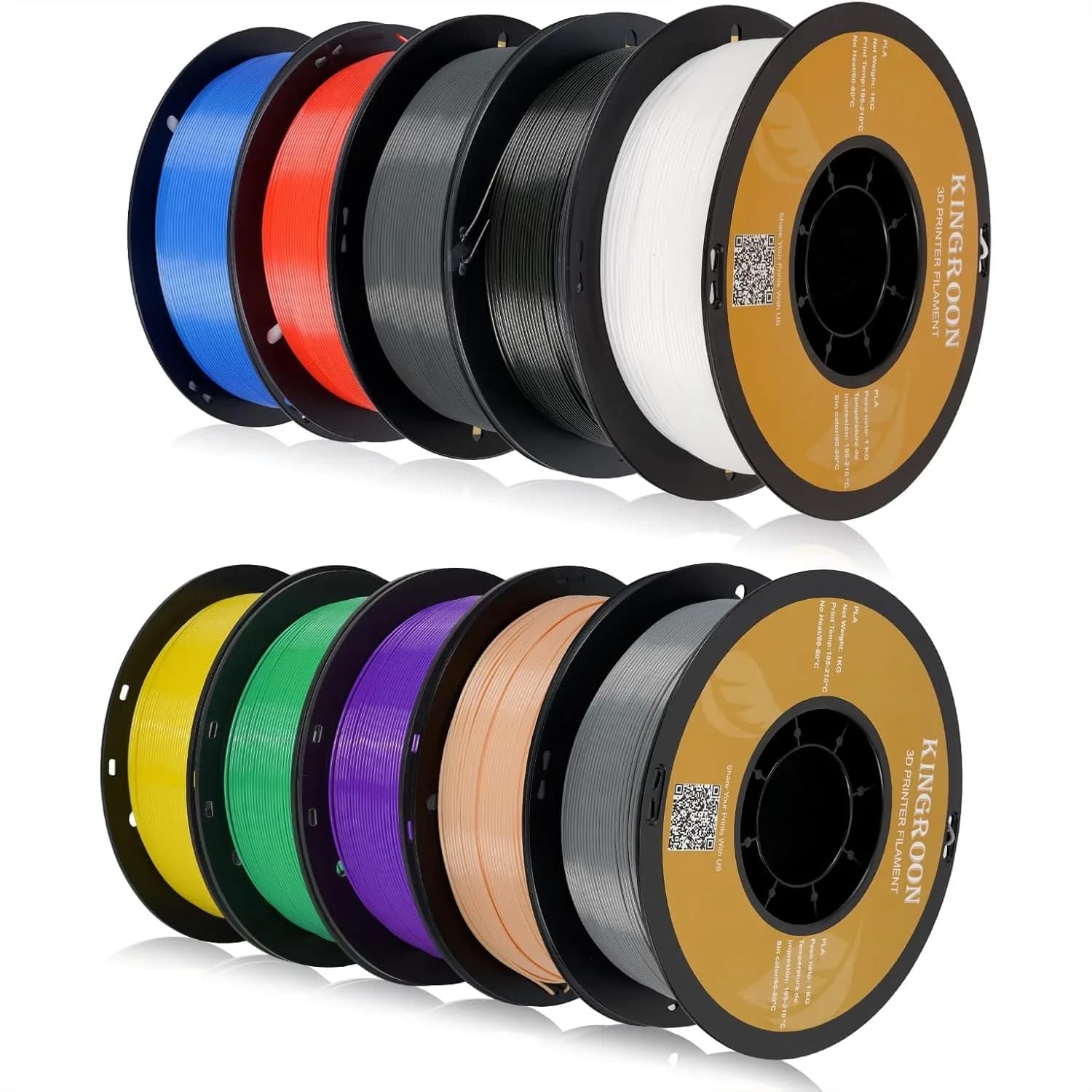 Filamento PLA per Stampante 3D, 10 Rotoli da 1,75mm, Precisione Dimensionale +/- 0,02 mm, Bobina da 10kg per Stampanti 3D FDM, Nero Bianco Grigio Rosso