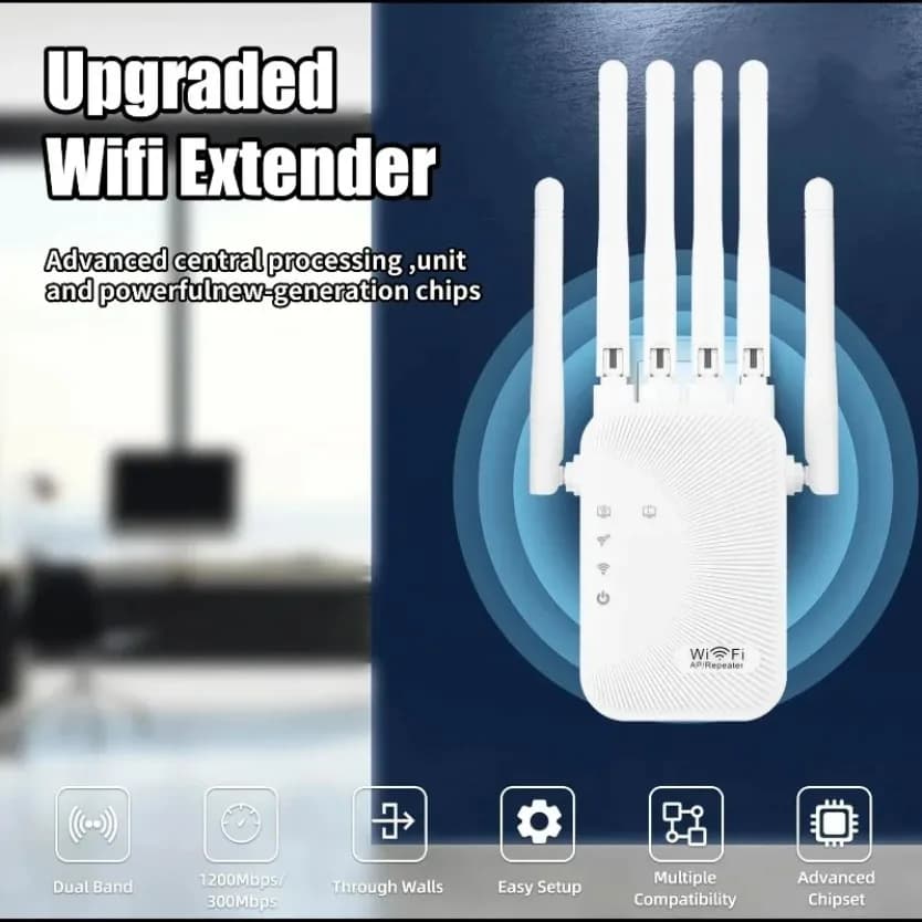 1200Mbps High Speed Wireless WiFi Extender 6 Antennas Dual‑Band Signal Repeater Through‑Wall Easy Setup For Home Bedroom Indoor