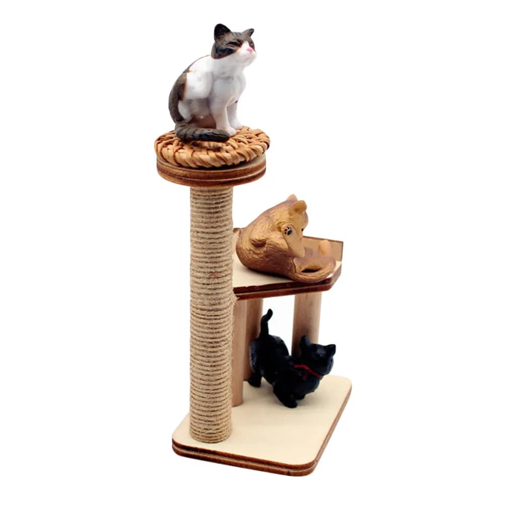 1Set Mini House Wooden Cat Tree Decor Realistic Lifelike Miniature Cat Climbing Tower for Dollhouse Layout Prop Photography