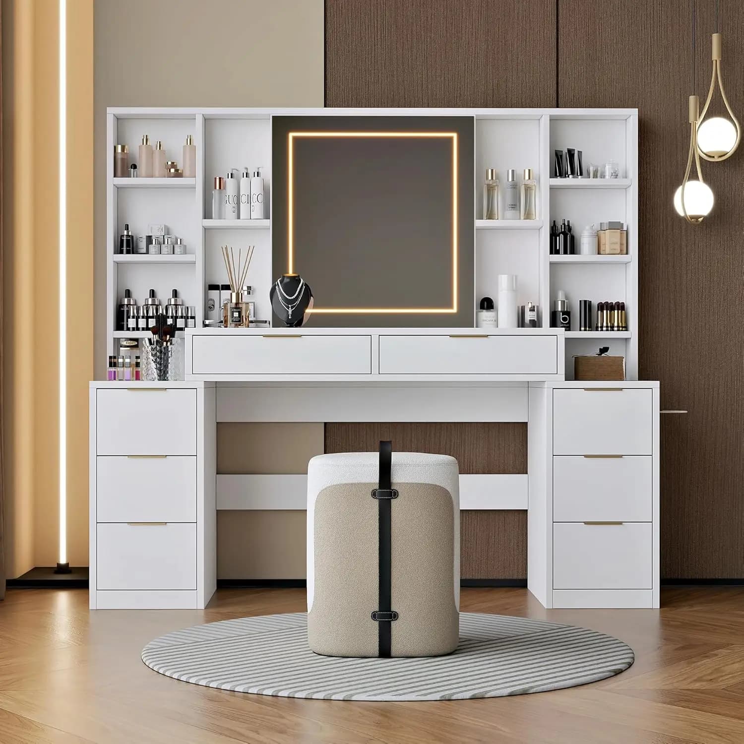 #Vanity Desk with Mirror Lights Power Outlet Hairdryer Holder Drawers Shelves Bedroom Makeup Table White