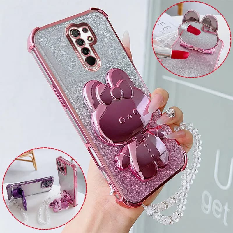 Custodia di lusso antiurto per telefono con simpatico supporto girevole a forma di coniglio e cordino in cristallo per Xiaomi Redmi 9 Prime Poco M2
