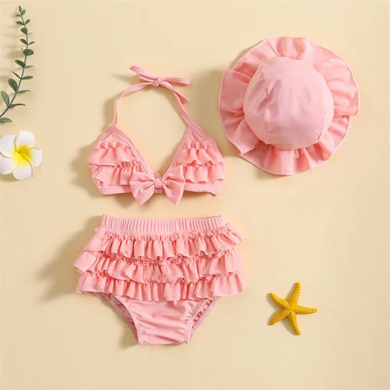 Tregren 0-24M Newborn 3 Pieces bikini Set with bath caps Ruffle Bandage Bow swimsuit Summer Swimwear Beach swimsuit
