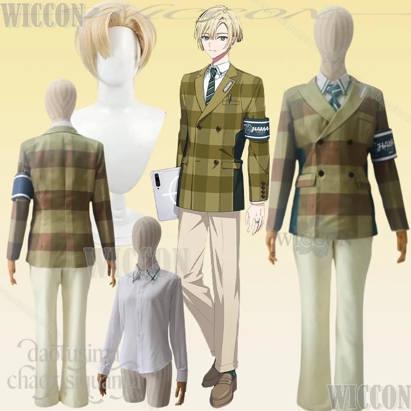 Costume Cosplay di Kitakata Nayuki, Giacca e Pantaloni a Quadri Verde Erba, Parrucca per Halloween, Natale e Carnevale