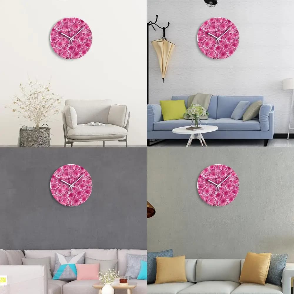 Wall clock with pink flower, plant design, elegant, unique, for the house, quiet, ready to ship