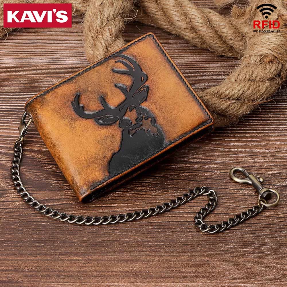 Portafoglio da uomo in vera pelle RFID con finestra identificativa e slot per carte multiple Catena resistente Cartera Hombre Borsa per soldi alla moda maschile