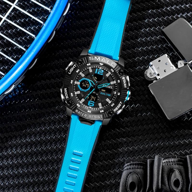 SMAEL 8039 Orologio sportivo analogico digitale da uomo con doppio display - Impermeabile fino a 50 m, retroilluminazione a LED, allarme, cronometro, cronografo, verde arancione