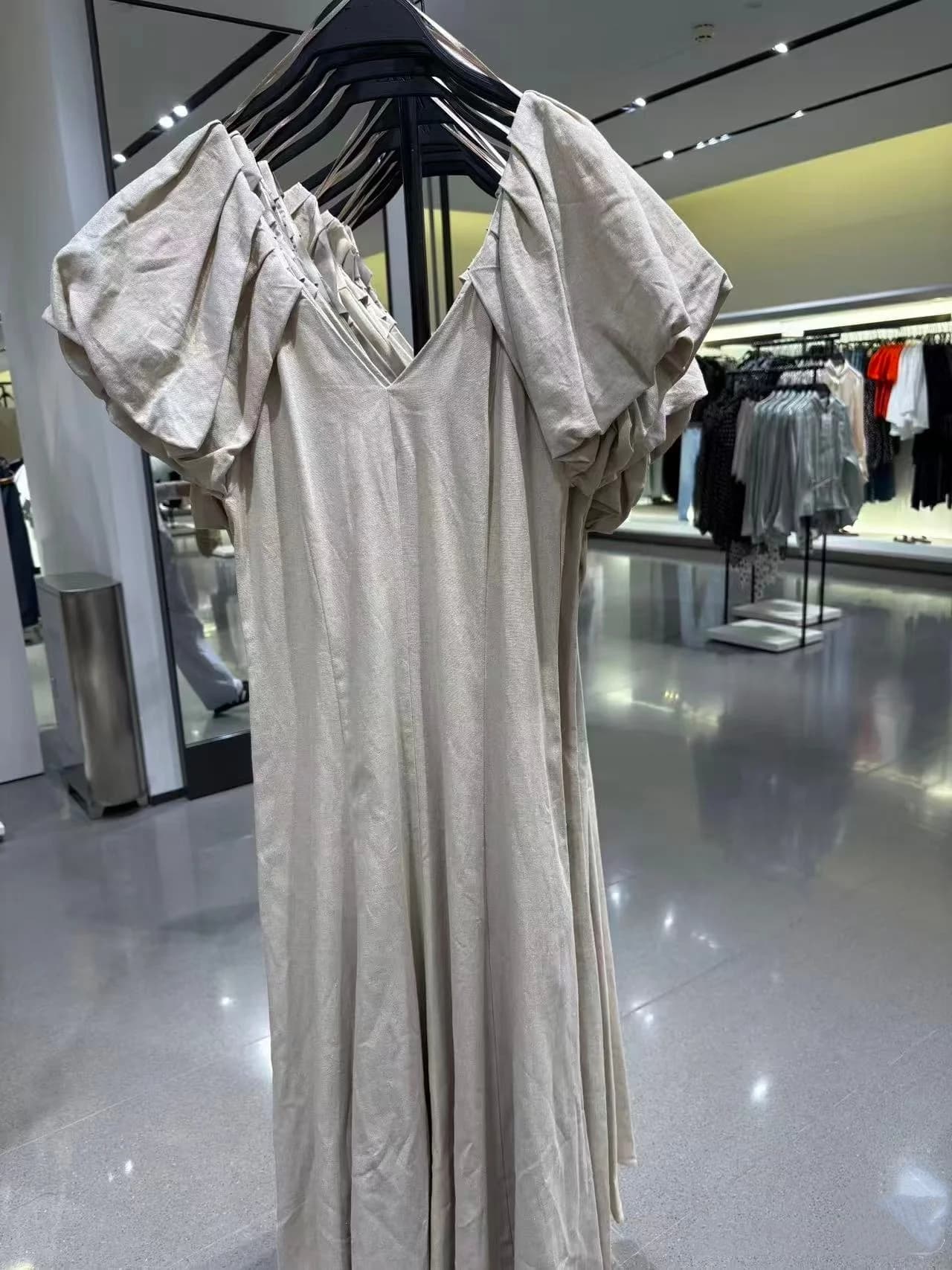 Retro Loose V-Neck Bubble Sleeve Midi Dress Linen Blend Casual Style Women's Dress Spring Summer New Arrival 2026