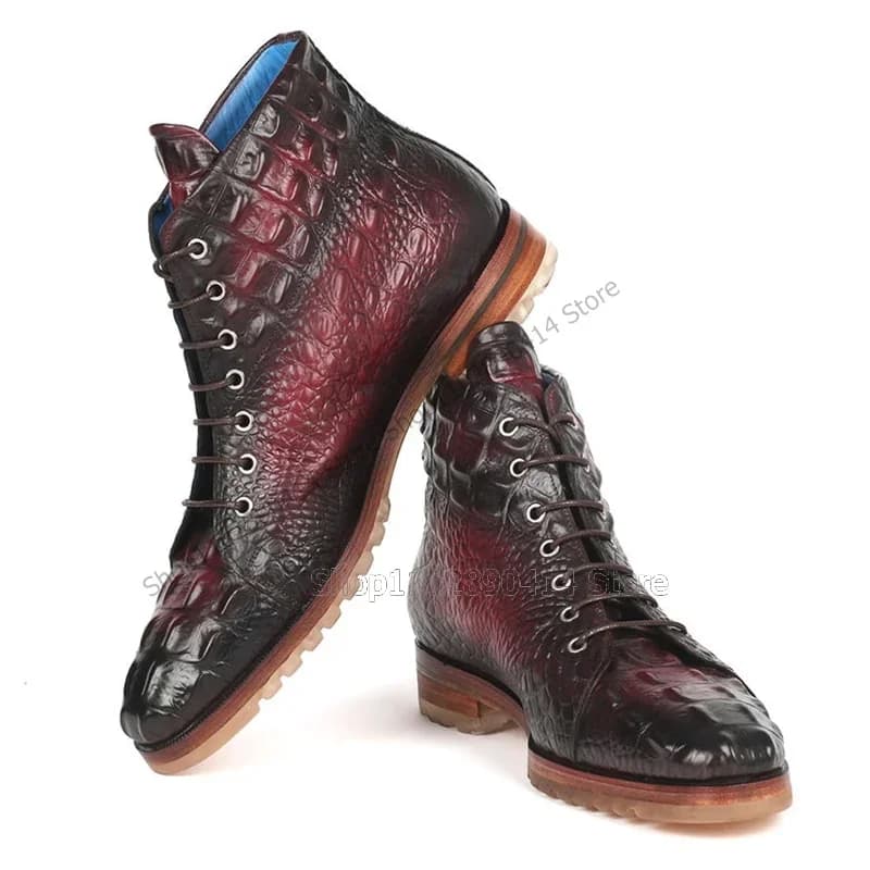 Stivali con stampa coccodrillo a colori sfumati misti, scarpe da uomo alla moda con lacci, scarpe eleganti da uomo fatte a mano di lusso per feste e banchetti