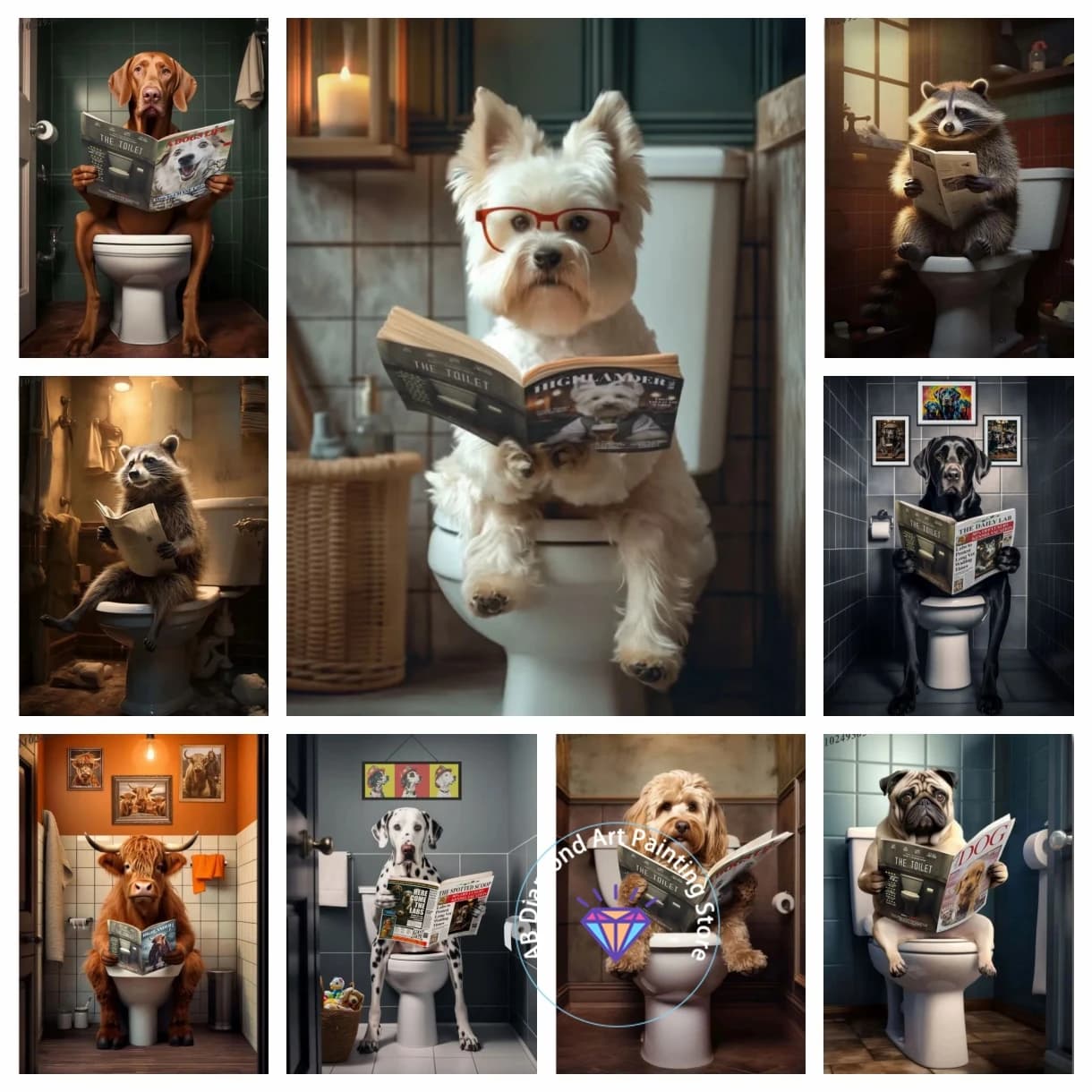 Dog Sitting on The Toilet Reading A Newspaper 5D DIY AB Diamond Painting Kit Cross Stitch Embroidery Home Decor Gifts