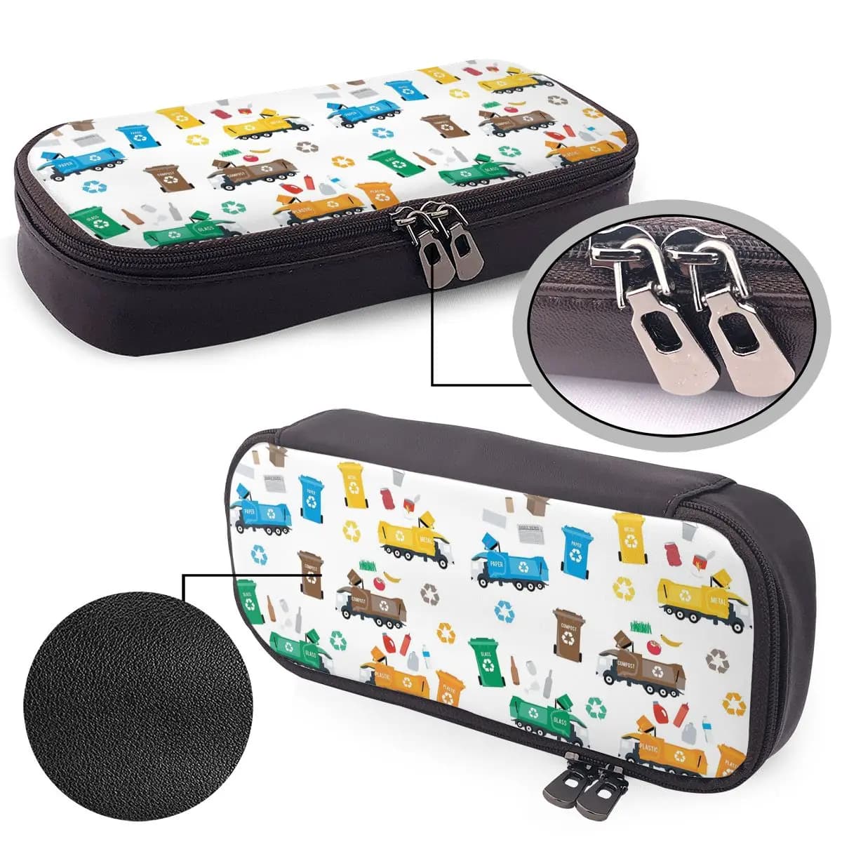 Colorful Recycling Garbage Trucks & Bins Leather Pencil Case for School Pen Box Pencil Bag Stationery Supplies Pen Holder Bag