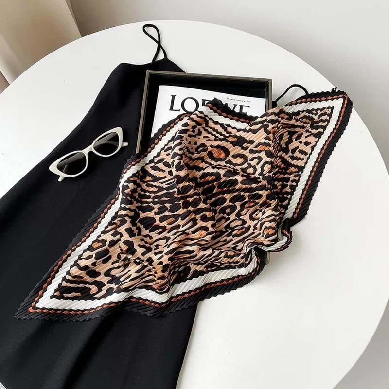2026 summer new leopard print silk scarf pleated square scarf fashionable versatile neck scarf 70 cm pleated triangular scarf