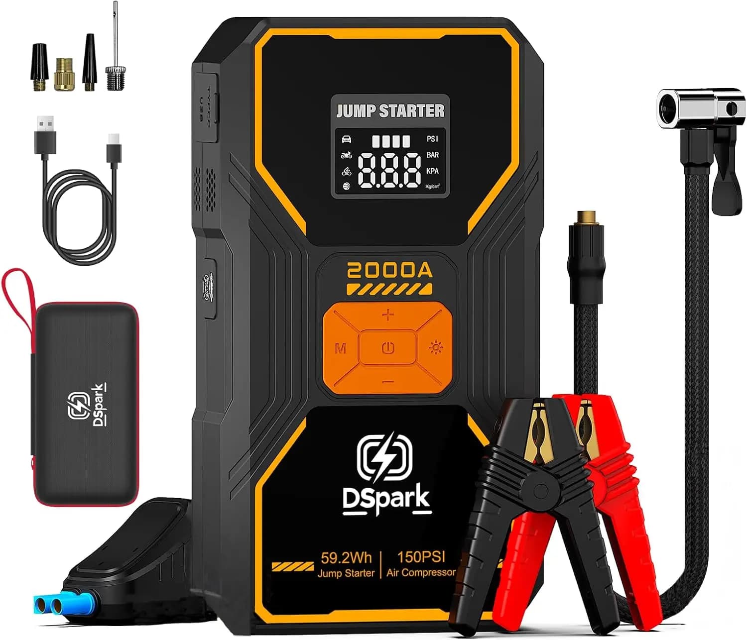 Avviatore d'Emergenza Portatile 5-in-1 con Compressore d'Aria, Potenza 2000A per Motori a Benzina e Diesel, Ricarica Rapida USB