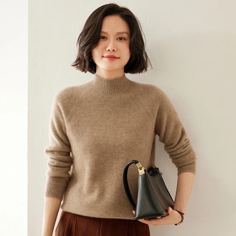 Autumn and Winter 100% Cashmere Sweater Half High Collar Hoodie Solid Color Long Sleeve Thick Knitted Women's Korean Version Top