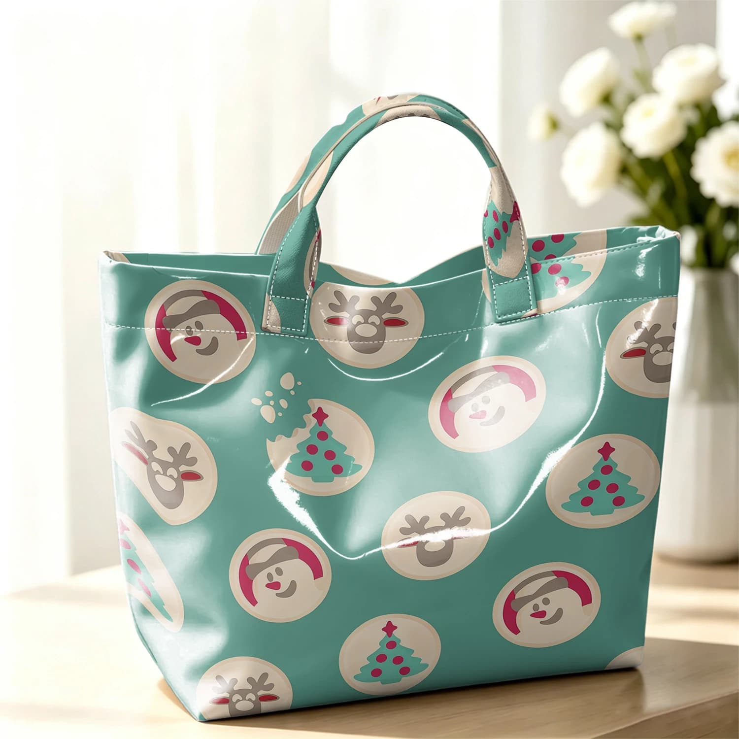 Xmas Cookie Print Fashion Large Glossy PVC Tote Bag Hand Washable Waterproof Perfect Travel Commute Cosmetic Storage Shopper