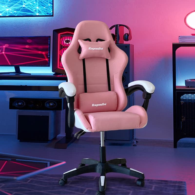 Sedia da gioco rosa per sedia da computer per ragazze sedia da ufficio comoda regolabile in altezza con poggiatesta sedia girevole con cuscino lombare