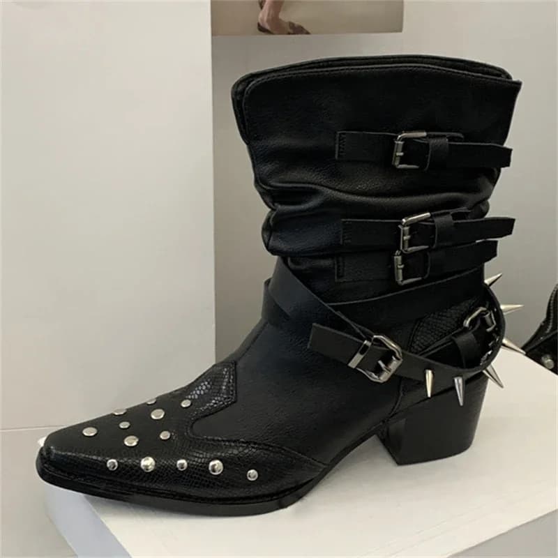 Stivaletti sexy in morbida pelle nera con punta a punta Donna Rivetti in metallo Design con fibbia per cintura Botines Scarpe con tacco basso spesso Botas Mujer