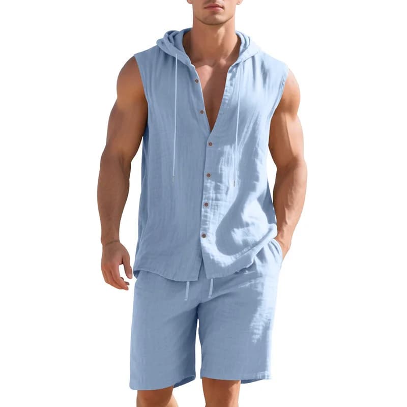 Completo da spiaggia casual da uomo in cotone e lino, con cappuccio, senza maniche, con bottoni, camicia e pantaloncini, 2 pezzi.