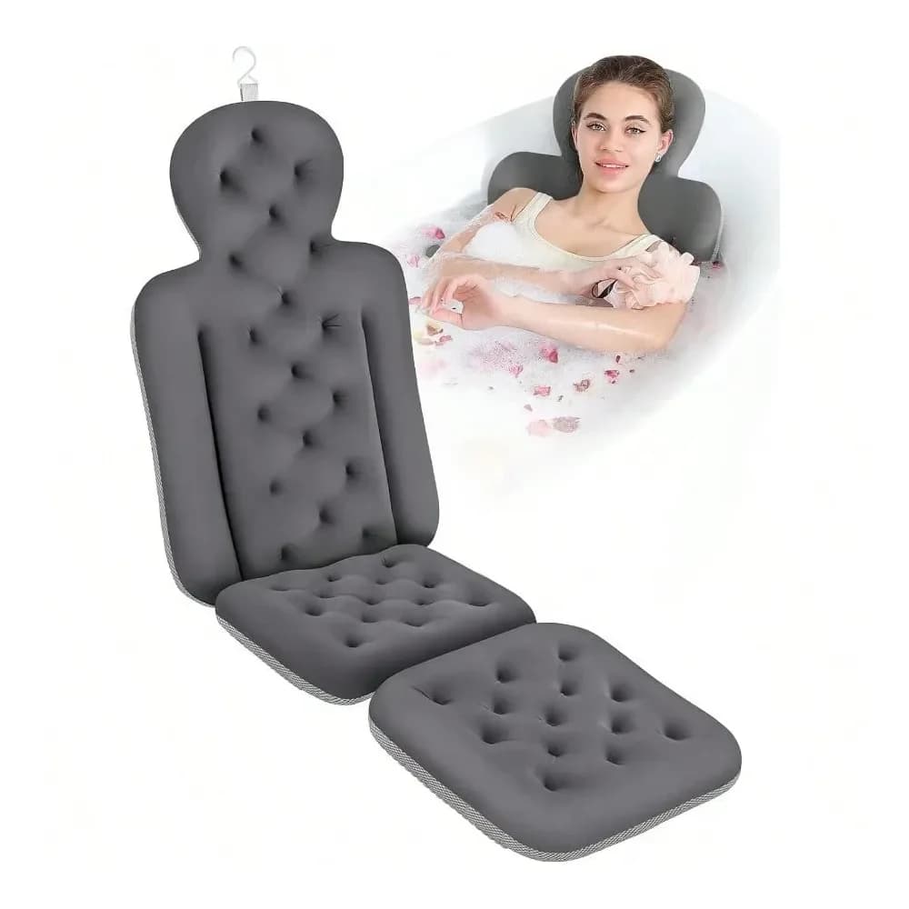 Cuscino per vasca da bagno a corpo intero con 160 ventose, tappetino da bagno per testa e collo con sacca per il lavaggio, grigio scuro 51,2 x 16,2