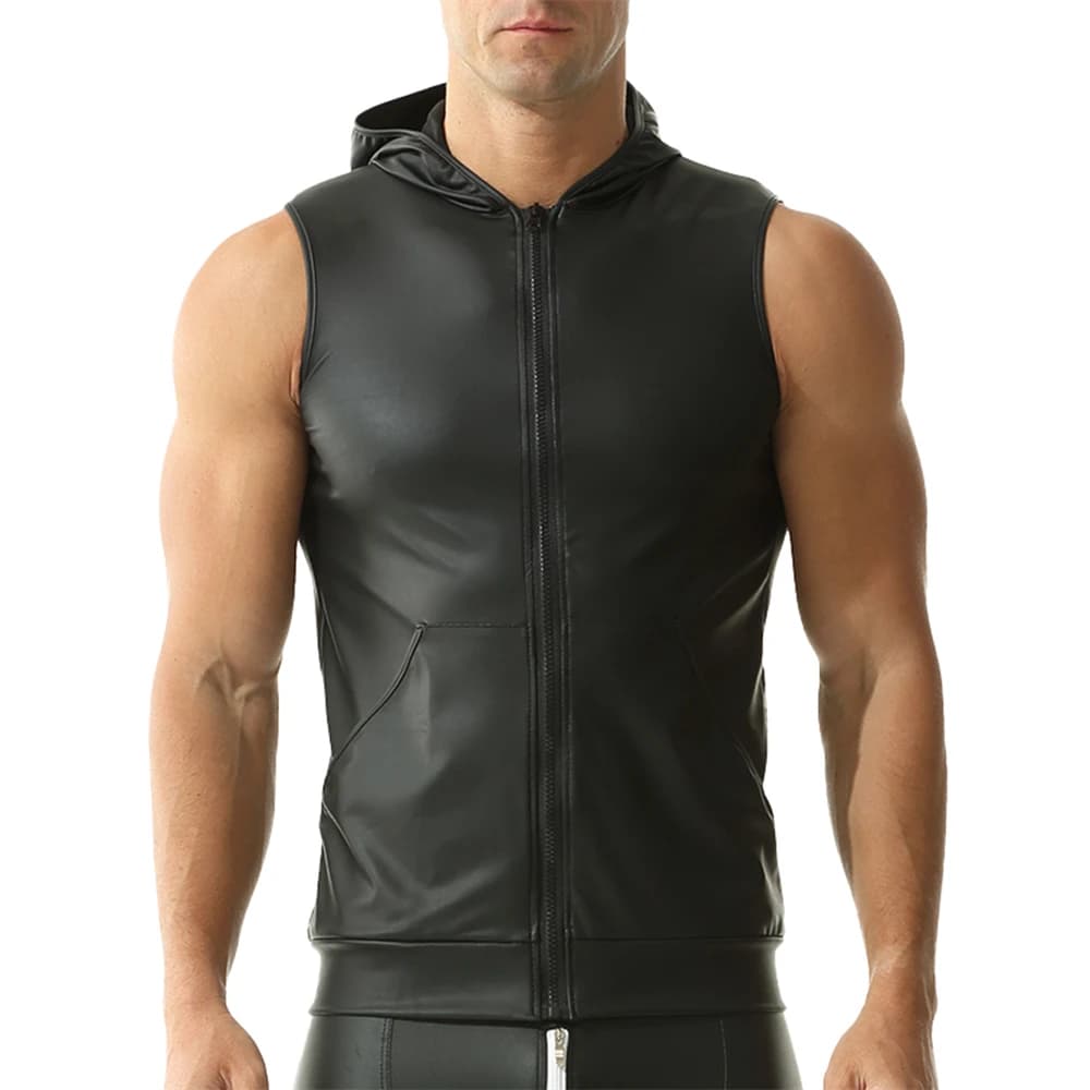 Canotte in ecopelle con cerniera frontale da uomo sexy T-shirt senza maniche Nightclub Dance Gilet con cappuccio Costumi maschili per feste di scena
