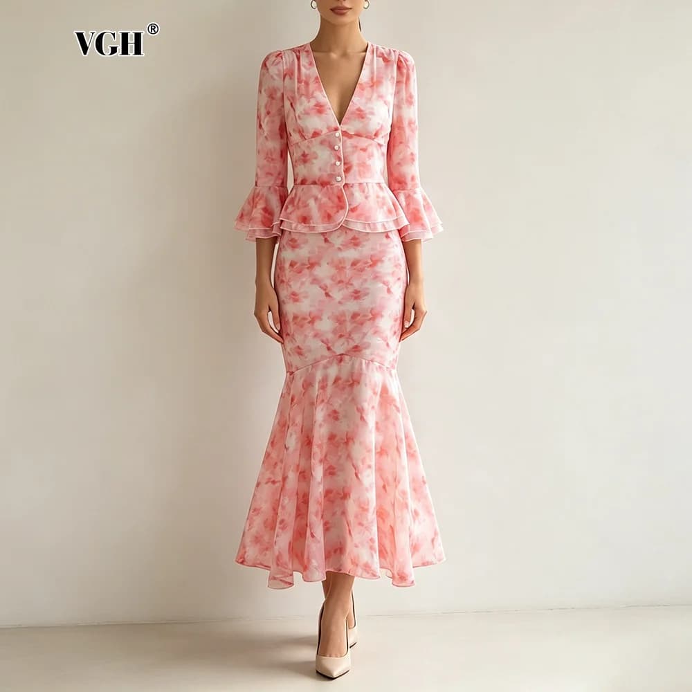 VGH V Neck Floral Print Two Piece Set For Women Puff Sleeve Flare Hem Peplum Top Mermaid Skirt Back Lace Up Casual Daily Outfit