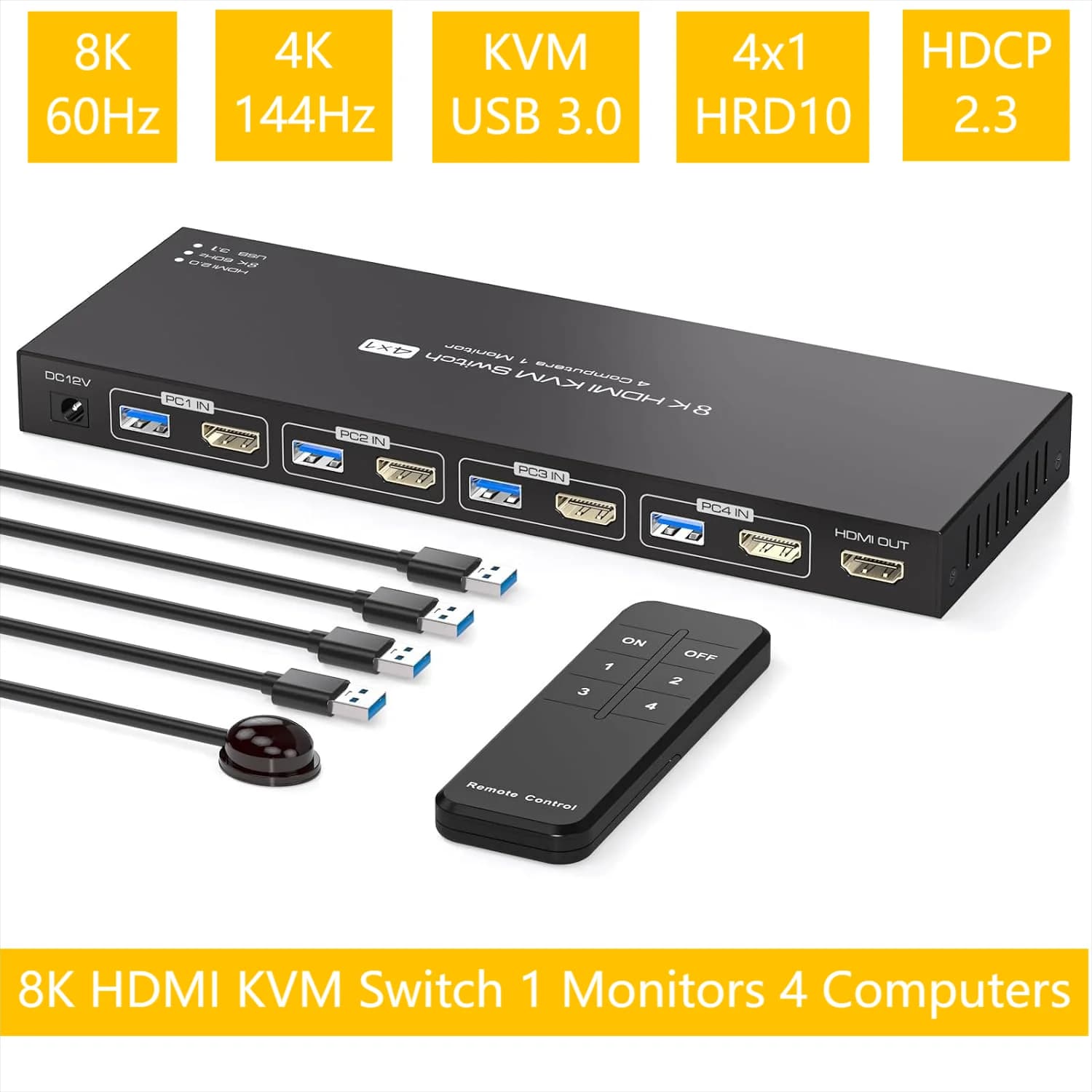 Switch KVM HDMI 8K 1 monitor 4 computers 4K to 144Hz Switch KVM USB 3.0 4x1 to 4 PC Share keyboard Mouse HDD fake disk, HDCP 2.3