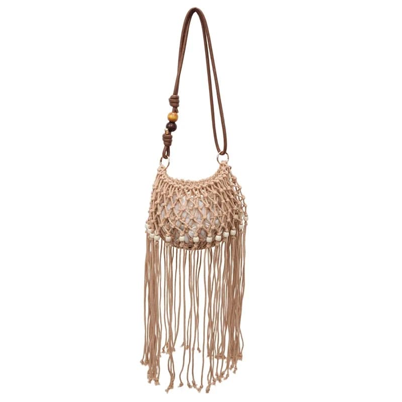 Borse a tracolla per maglieria con rete da pesca cava Borsa a tracolla da donna in maglia con nappa lunga fatta a mano all'uncinetto Hobo Tote con perline