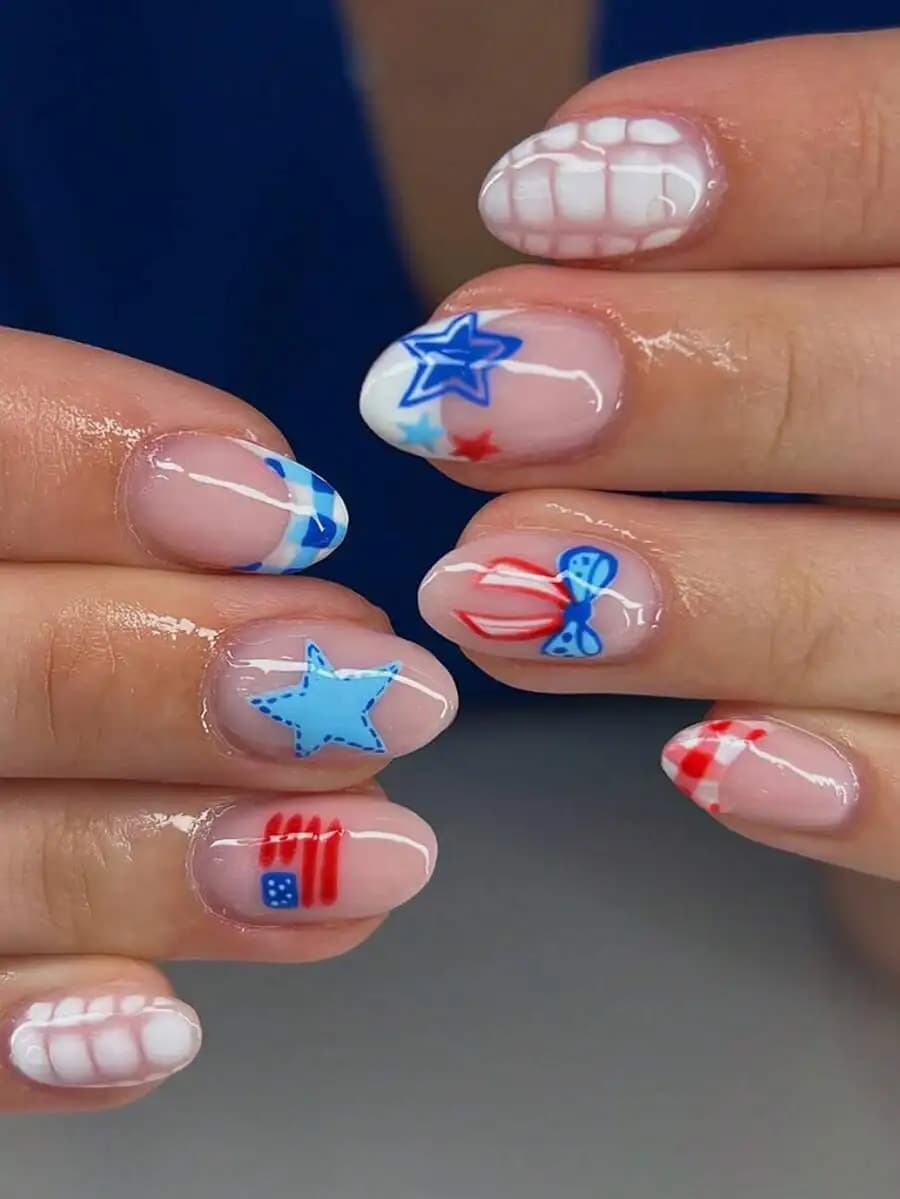 24-Piece Red White Blue Patriotic Nail Art Set With Star, Stripe, Plaid, Bow Designs For Oval Short Nails, Includes Gel Polish