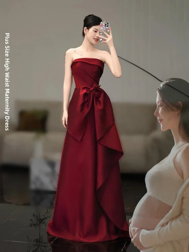 Abito da sera lungo in raso rosso taglie forti, a vita alta, che nasconde la pancia e snellisce, elegante, per donne formose