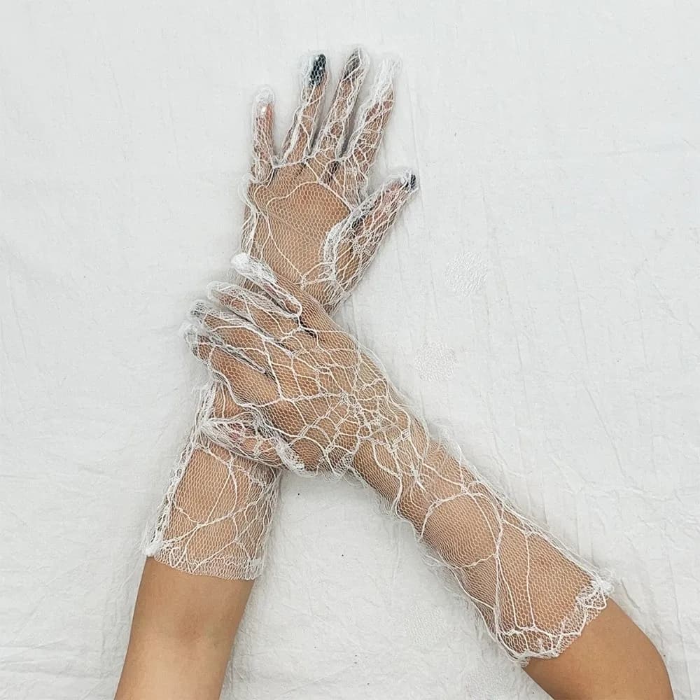 Elegant Solid Color Spider Web Gloves Gauze Mesh Women Driving Gloves Transparent Dark Series Long Mittens Etiquette