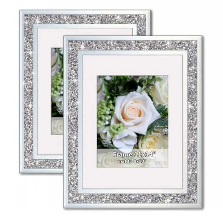 Cornice Fotografica a Specchio Effetto Cristallo Argento per Matrimonio, Cornice in Vetro per Foto con Passepartout, Confezione da 2 Pezzi, da Parete