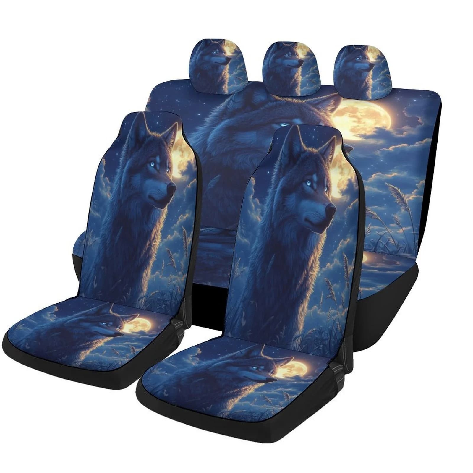 Moonlit Wolf Themed Car Seat Cover Set - Full Set For 2 Front & Rear Seats, High-Quality Polyester, All-Season Protection, Fit F