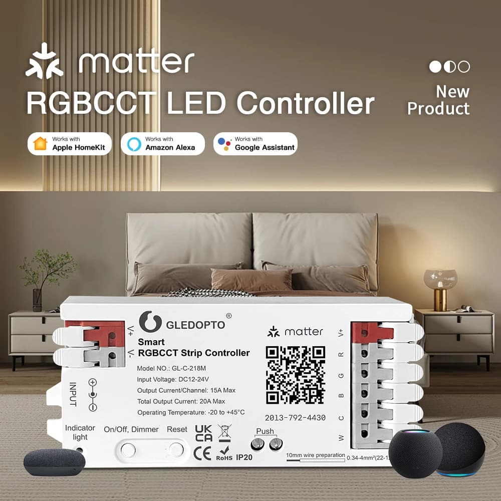 Matter WIFI RGBCCT Controller Smart LED Strip DC 12V 24V Dimmer Funziona con Apple HomeKIT Amazon Alexa Google Siri Controllo vocale