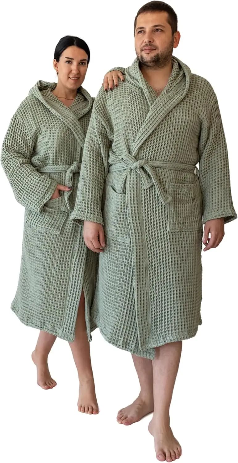 Accappatoio Unisex con Cappuccio in Spugna Waffle, 100% Cotone Turco, Asciugatura Rapida, per Donna e Uomo, Comodo Vestaglia per il Relax