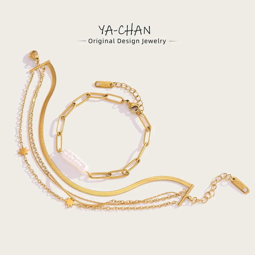 YACHAN Bracciale a strati in acciaio inossidabile per donna Perla barocca irregolare Placcato in oro 18 carati Gioielli impermeabili alla moda