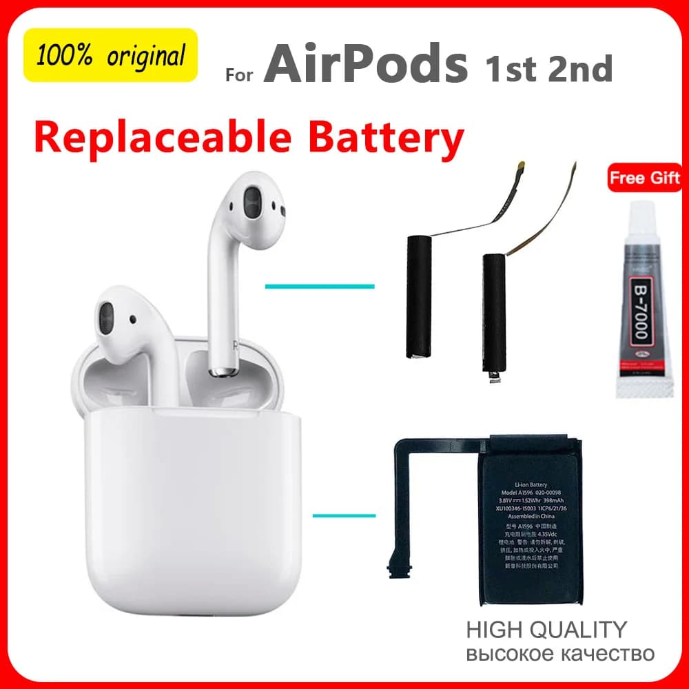 Replace Battery For Airpods 1st 2nd A1604 A1602 A1523 A1722 A2032 A2031 Air Pods 1 2 A1596 Replaceable Batteries GOKY93mWhA1604