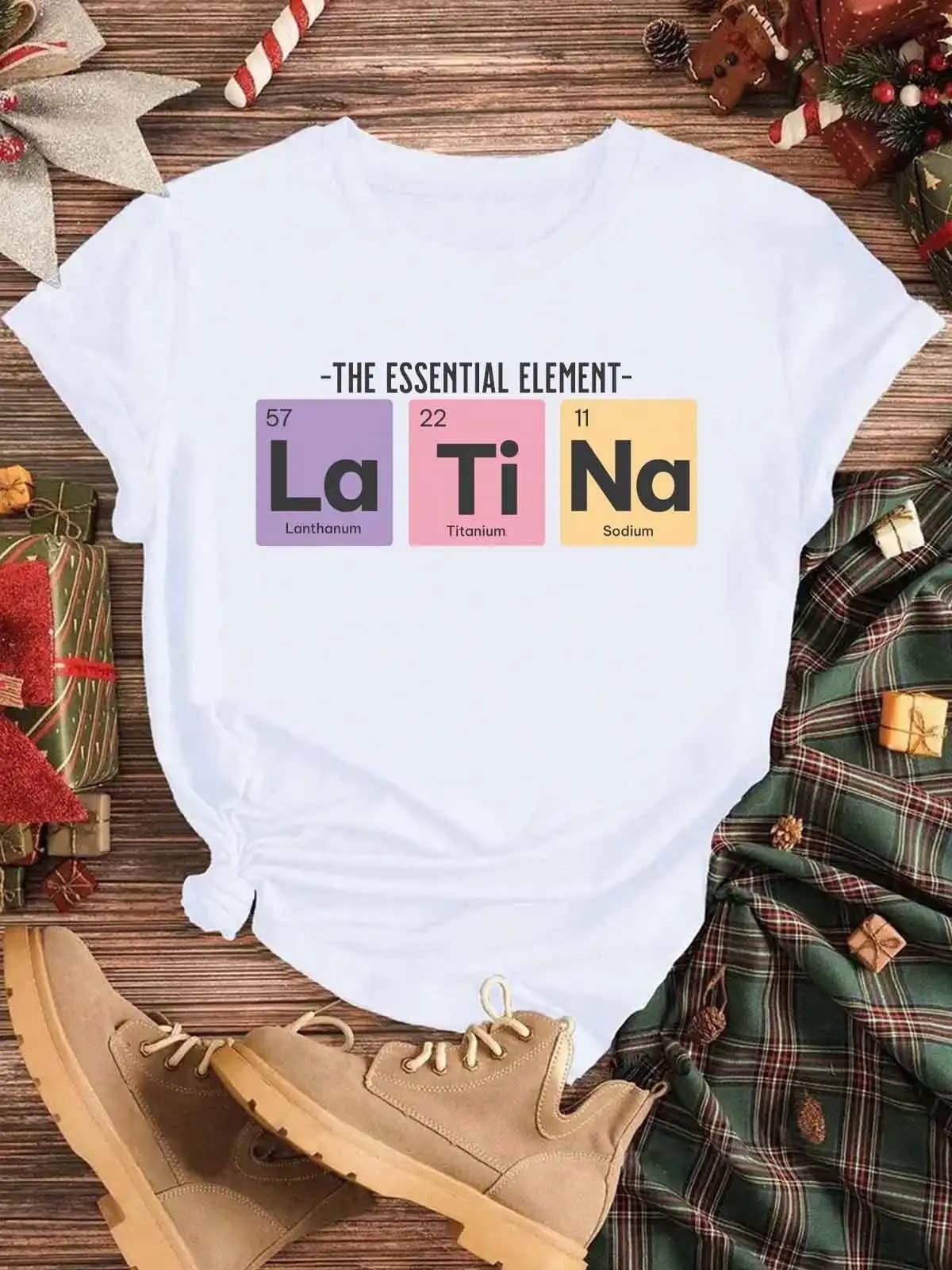 Women's casual short sleeve t-shirt with round neckline and periodic table graphic design