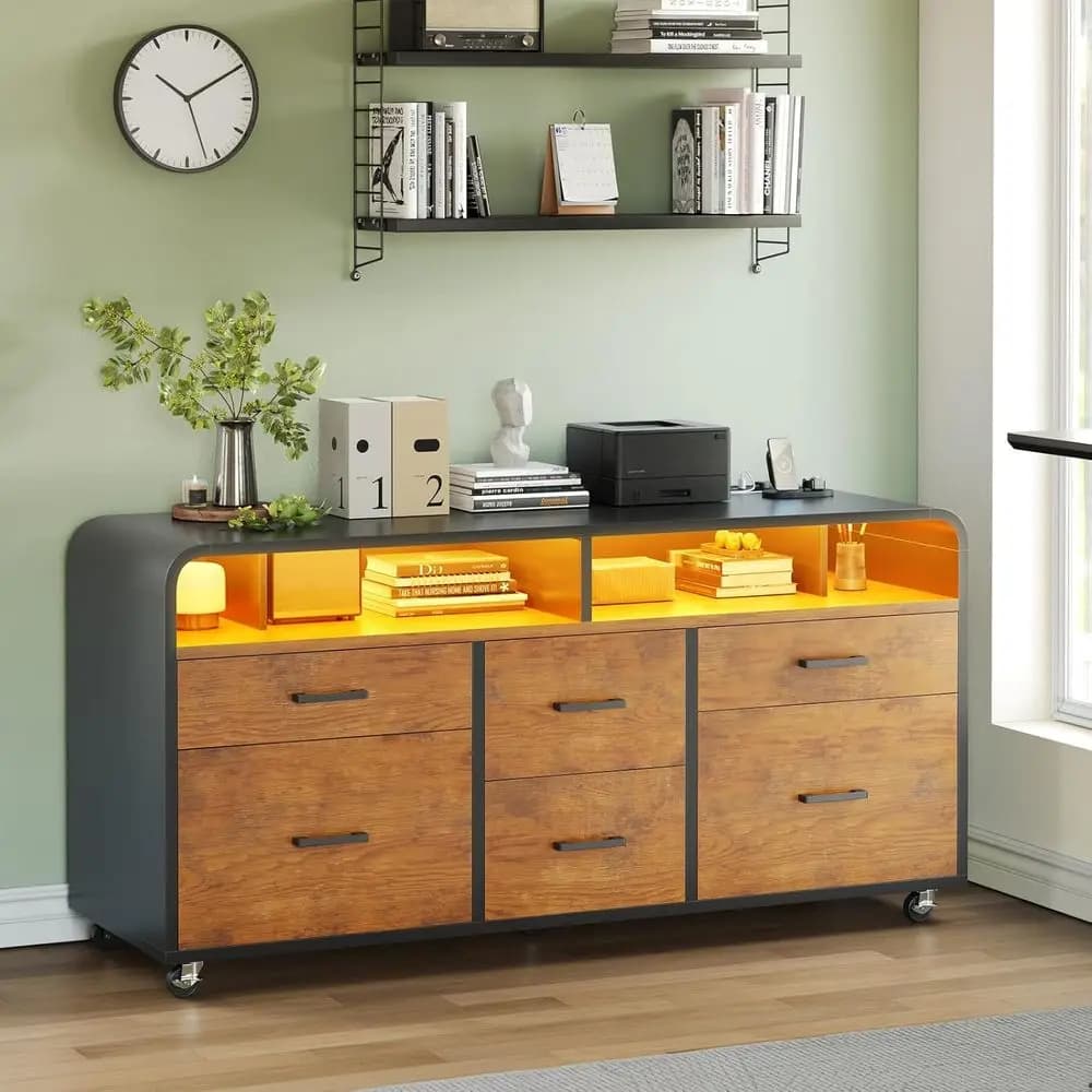 47 Rustic Brown Wood Mobile Lateral Filing Cabinet with Power Strip, LED Lights, and Storage for Home Office