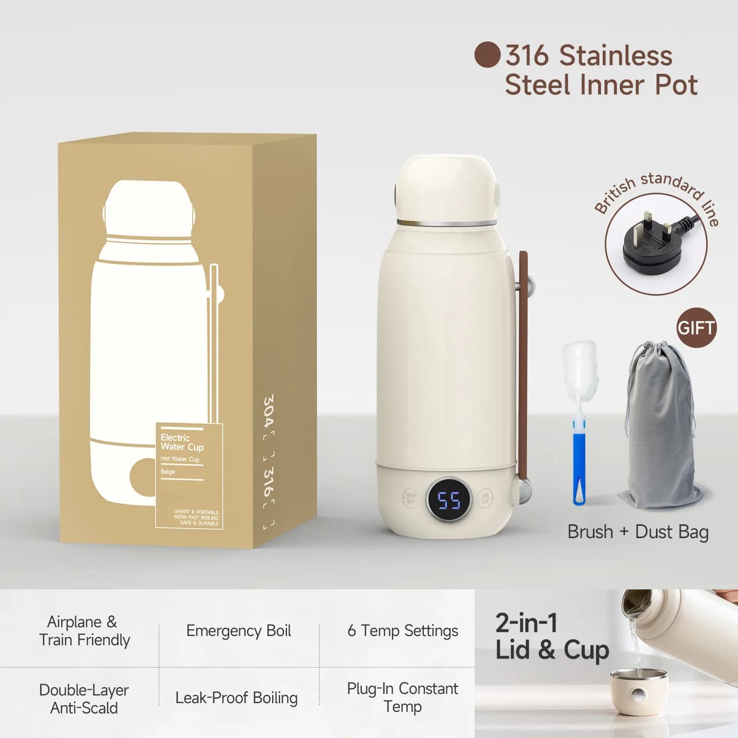 800ml Portable Electric Heating Water Cup SUS316 Stainless Steel Travel Kettle Digital Temperature Control Mini Boiling Water Bo