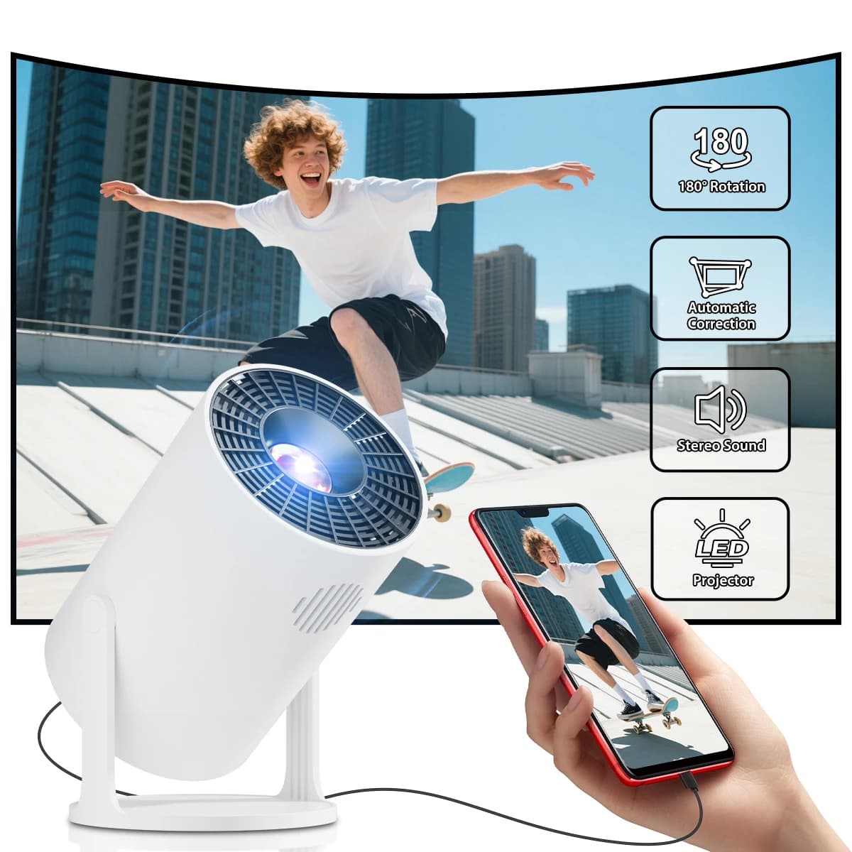 Portable Projector Support 4K Video Decode HD Projector Quick Focus Built-in Speaker Home Theater Outdoors Smart Mini Projector