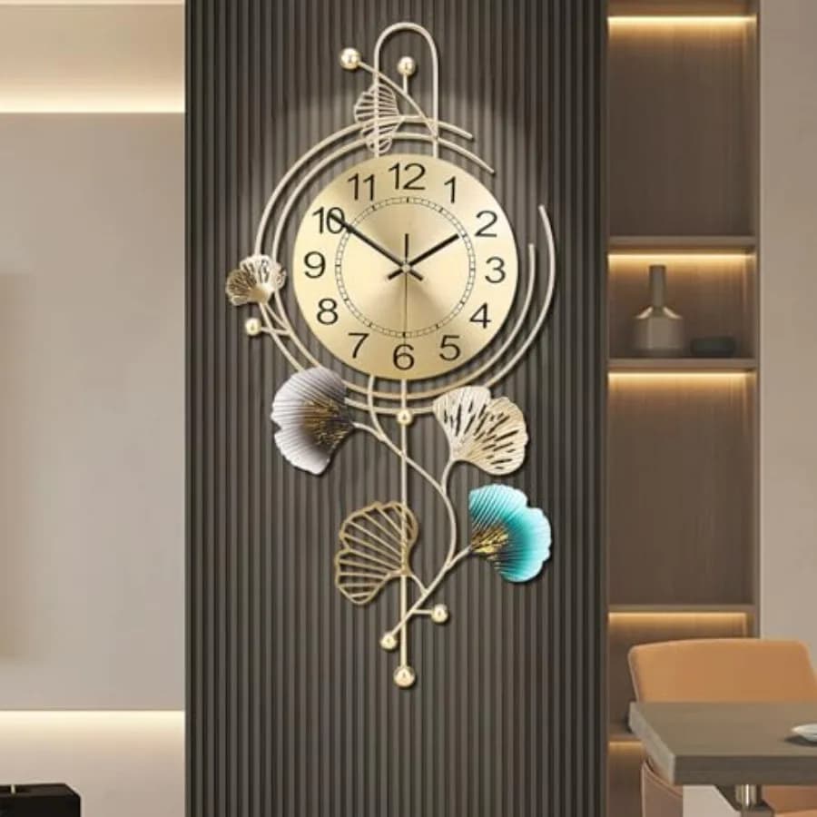 Elegante Orologio da Parete in Metallo con Quadrante Rotondo Silenzioso e Foglie Dorate e Blu, Orologio da Parete Moderno Silenzioso in Metallo per Soggiorno