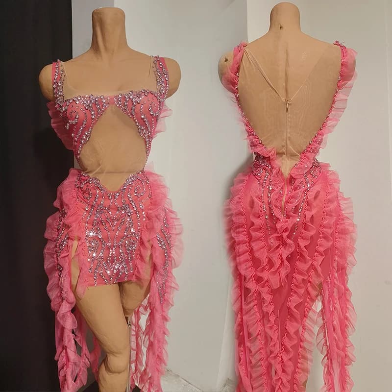 Abito Sexy con Glitter e Strass Rosa, Costume da Cantante per Spettacoli, Outfit per Adulti per Nightclub e Feste, Abbigliamento da Donna per Spettacoli 5435
