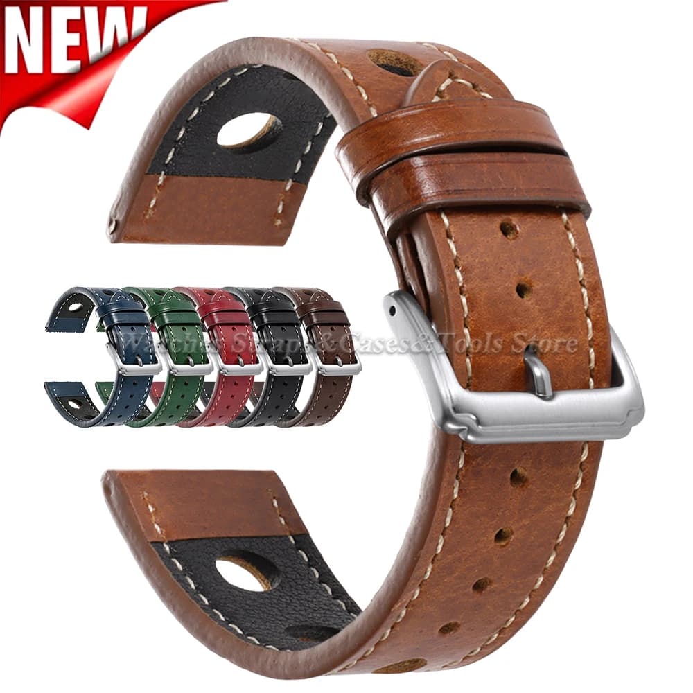 Vintage Cowhide Leather Watch Strap 20mm 22mm Breathable Hole Pin Buckle Band for Men Women Business Watchband Watch Accessories