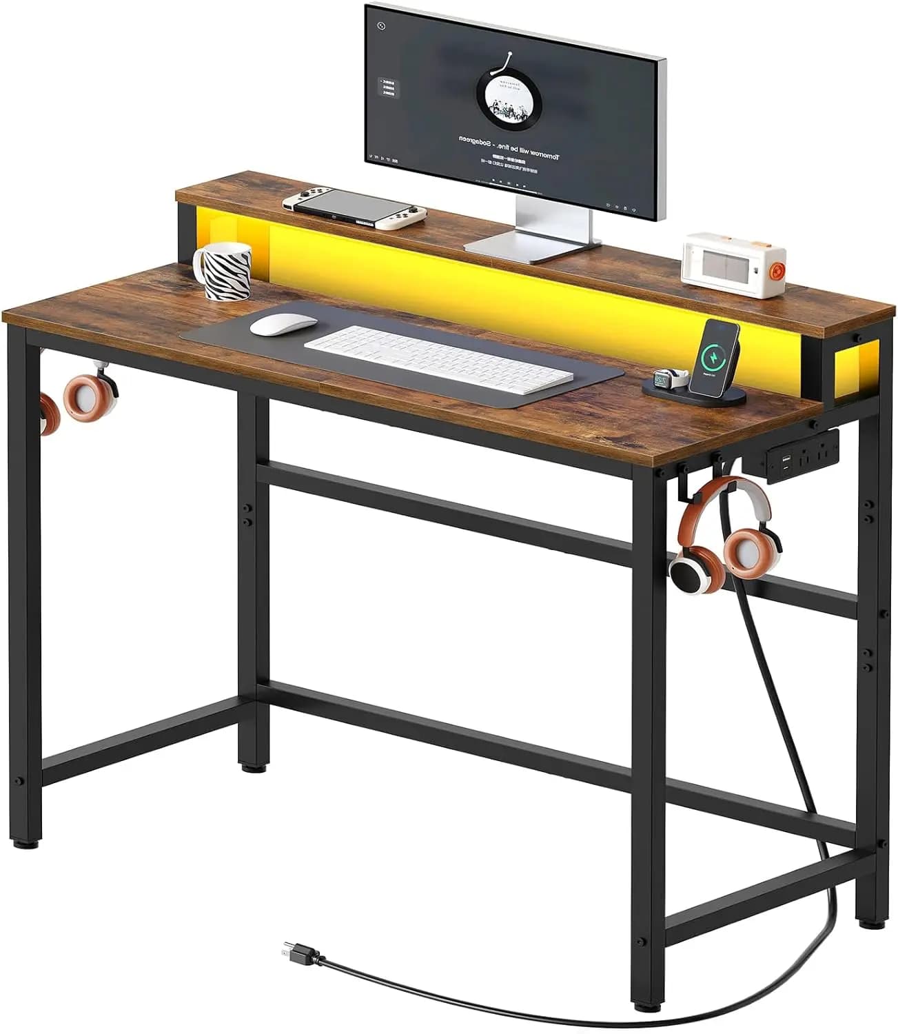 Play desk with charging station and LED lights, 2-level office desk with monitor support and side hooks