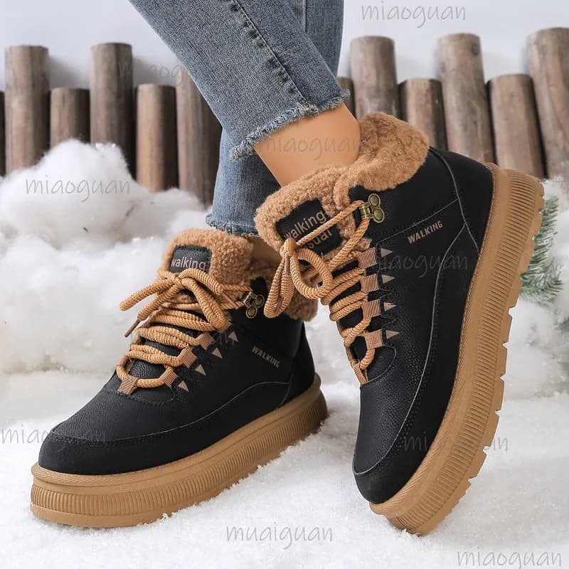 Plus Size 36-41 Stivali da neve invernali per donna Foderato in pelliccia Botas impermeabili Mujer Antiscivolo Punta tonda Stivaletti stringati Botas caldi
