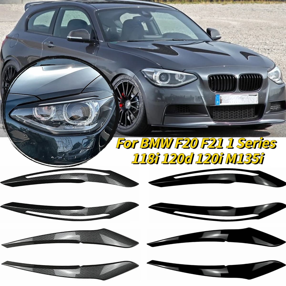 For BMW F20 F21 1 Series 118i 120d 120i M135i Pre-Lci Evil Headlight Eyebrows Eyelid ABS Gloss Black/Carbon Look 3D stickers